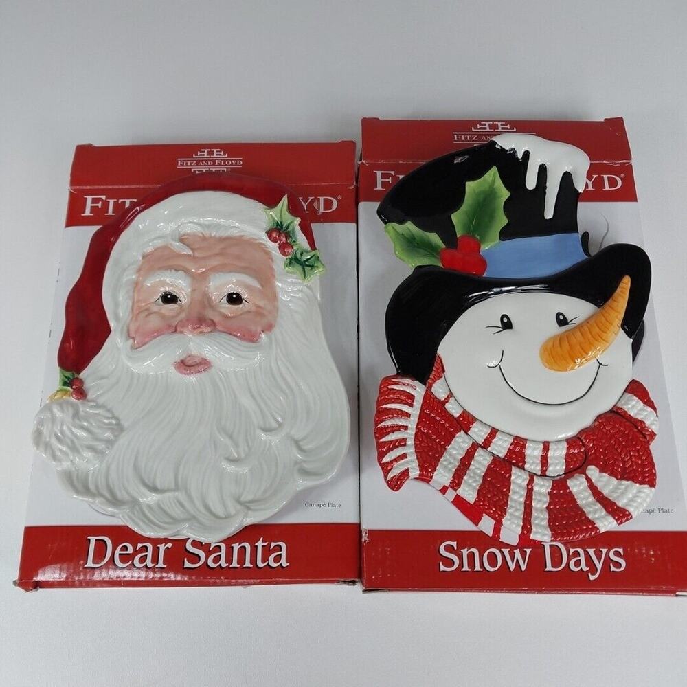 Fitz and Floyd Snowman Christmas Candy Canape Plate Dish 9" x‎ 7" 2009 lot of 2
